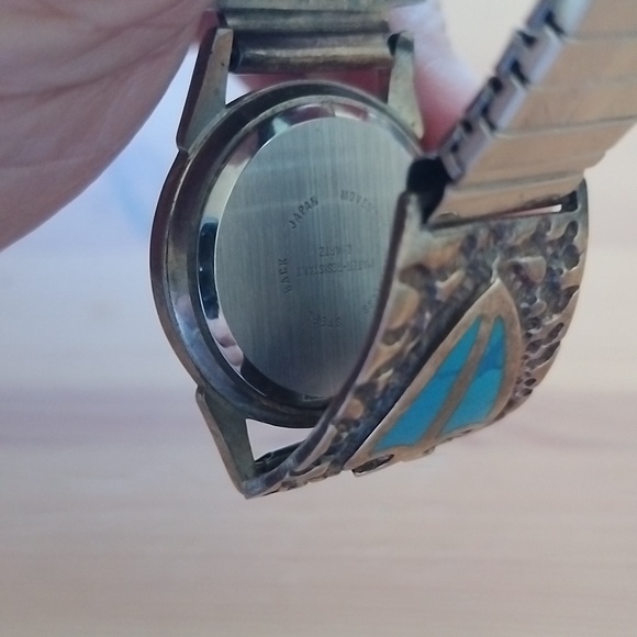Vtg Navajo Liberty Sterling Silver and Turquoise inlayed wrist watch. - Picture 5 of 6